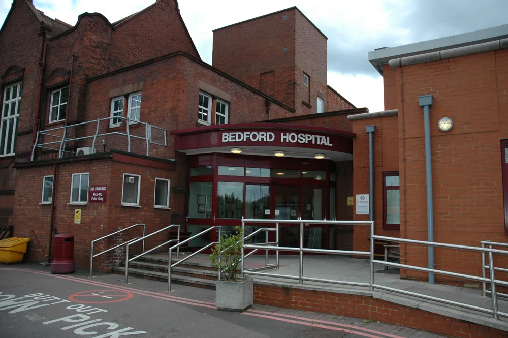 Bedford Hospital seen from Britannia Road. The hub would replace the Kings Place offices and part of the Britannia Road car park nearby.