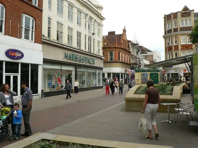 Midland Road, looking towards the crossroads with Harpur Street and Silver Street where the former Clinton Cards building stands. The picture does not show the street as it is today.