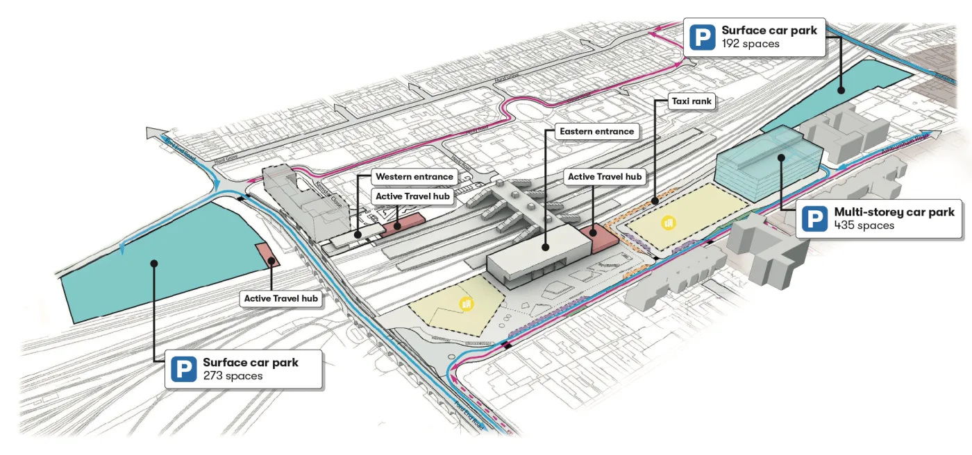East West Rail's illustration of the redeveloped Bedford station, showing a 273-space surface car park to the west, a 435-space multi-storey and a 192-space surface car park to the east on Ashburnham Road, with new western and eastern entrances, active travel hubs and a taxi rank.