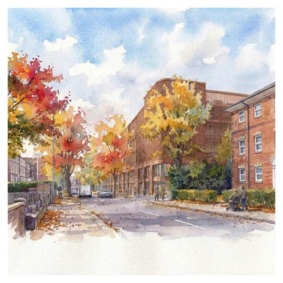 East West Rail's watercolour impression of the proposed multi-storey car park on Ashburnham Road, a brick-coloured building set behind autumn street trees beside existing houses.